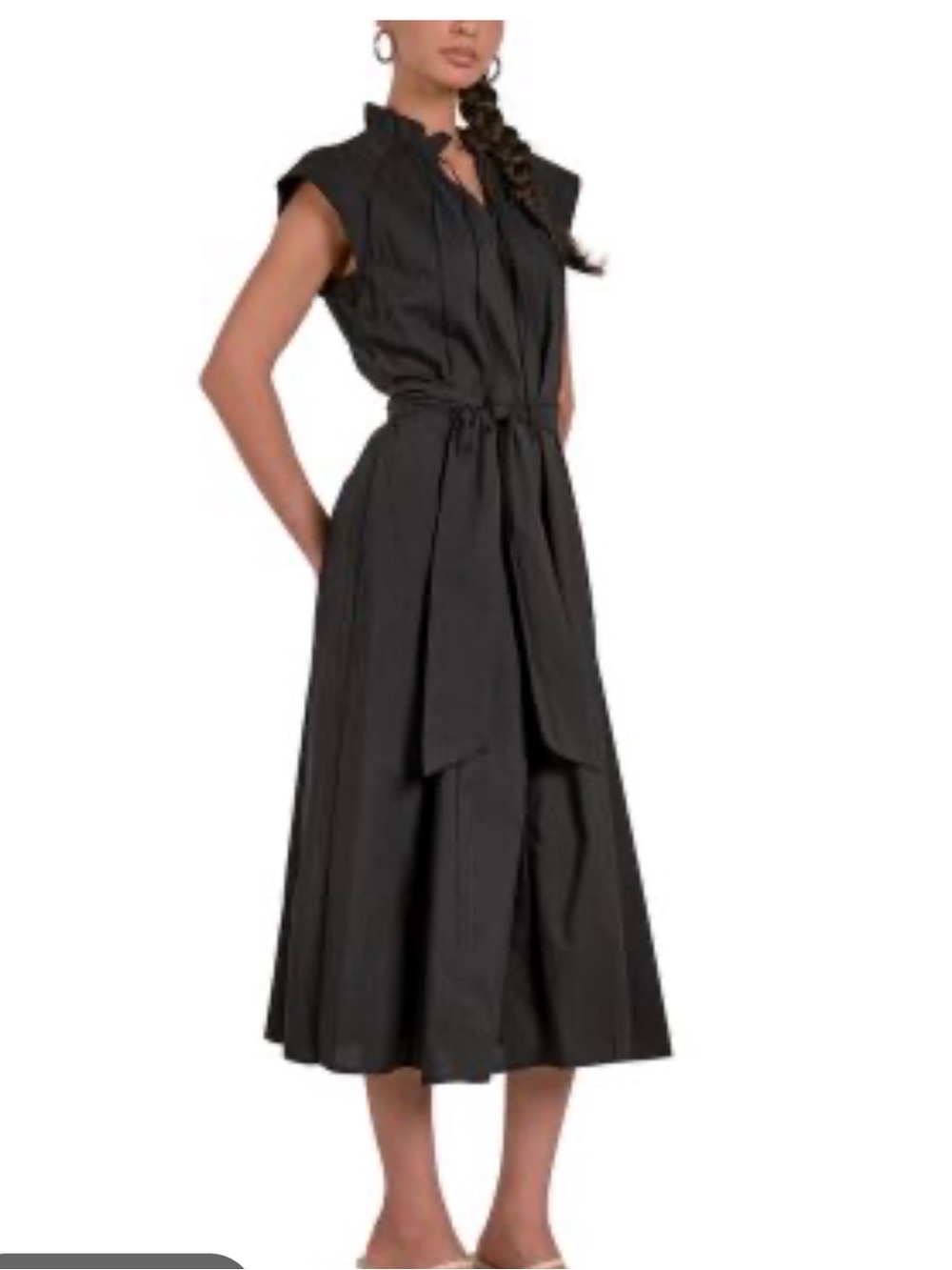 Elan Black Midi Dress with Ruffle Collar and Waist Tie